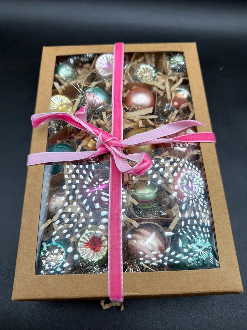 20 Mini Glass Christmas Ornaments Mercury Glass Style Retro Pink Green Tinsel
